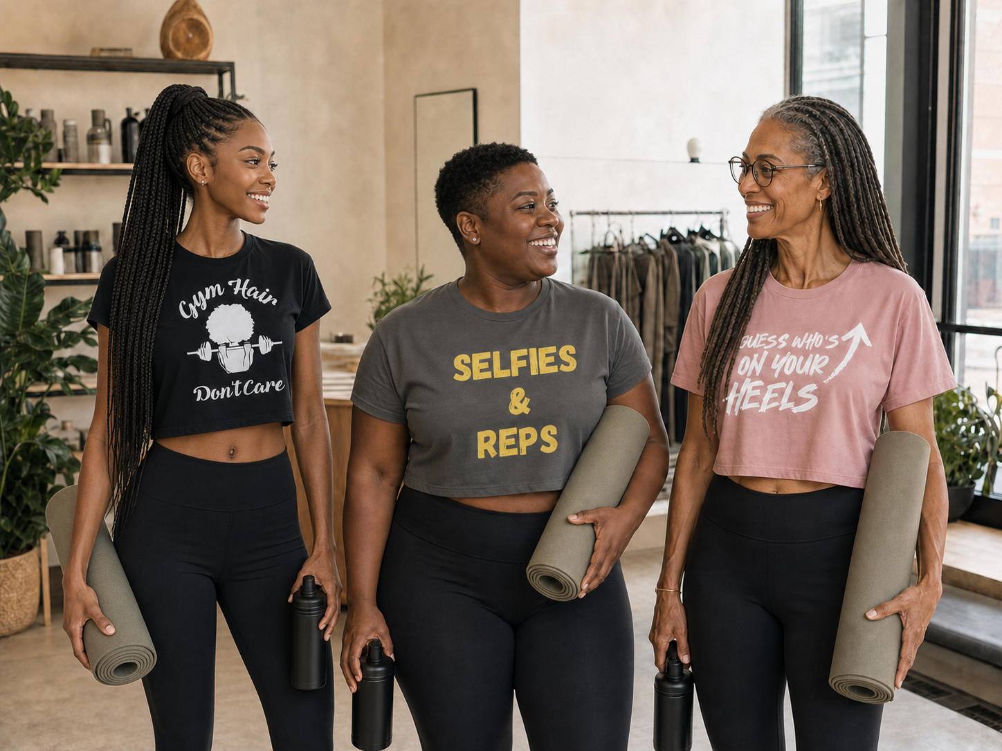 Three women wearing The Dope Connect crop tops at the Kerry Berry Pilates Pop-Up
